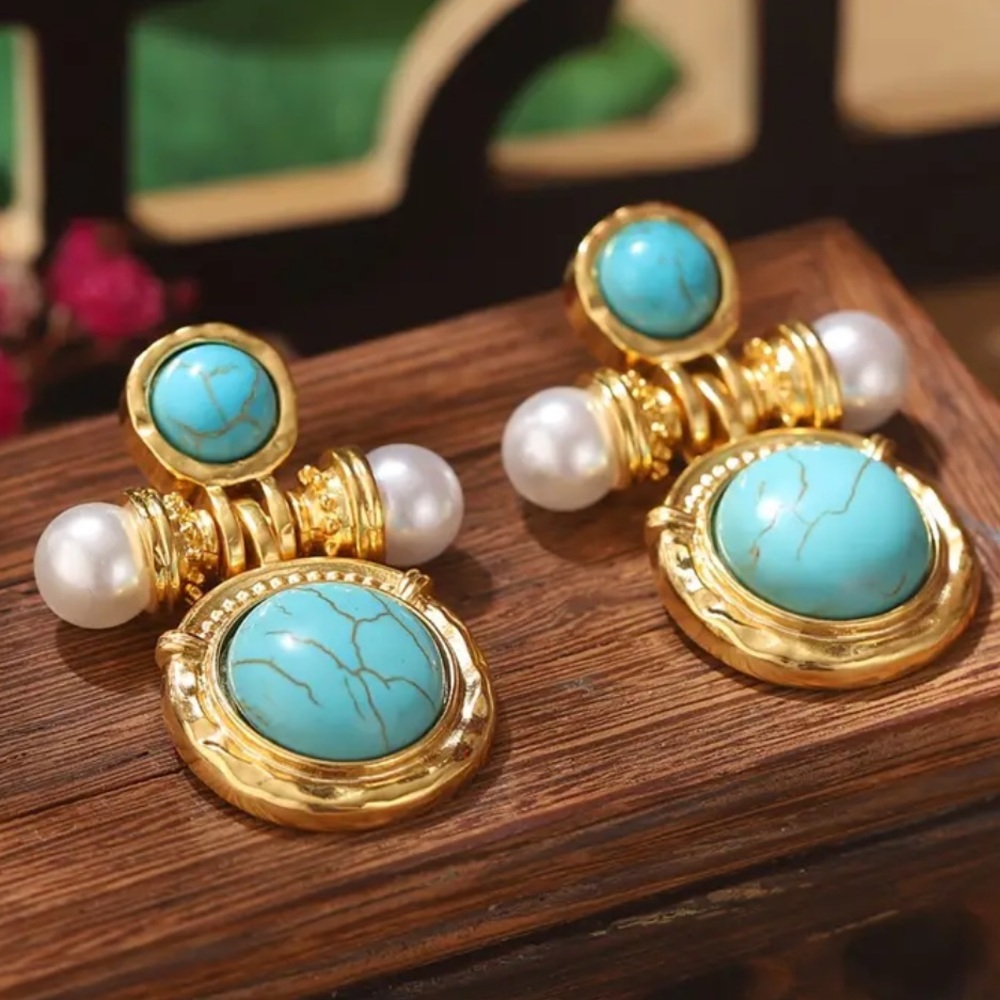 Vintage Bohemian Turquoise Gold Plated Pearl Statement Earrings NWOT